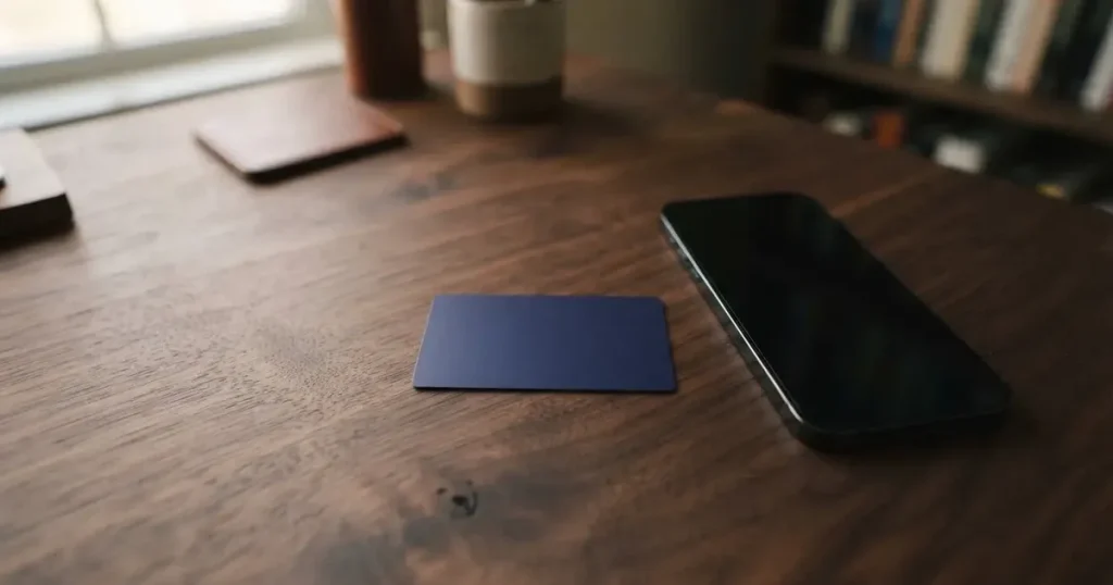 A payment card next to a phone with a crypto wallet app open