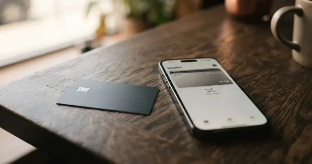 A payment card next to a phone with a crypto wallet app open