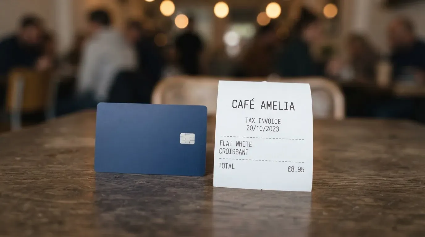 A receipt and a card on a café table