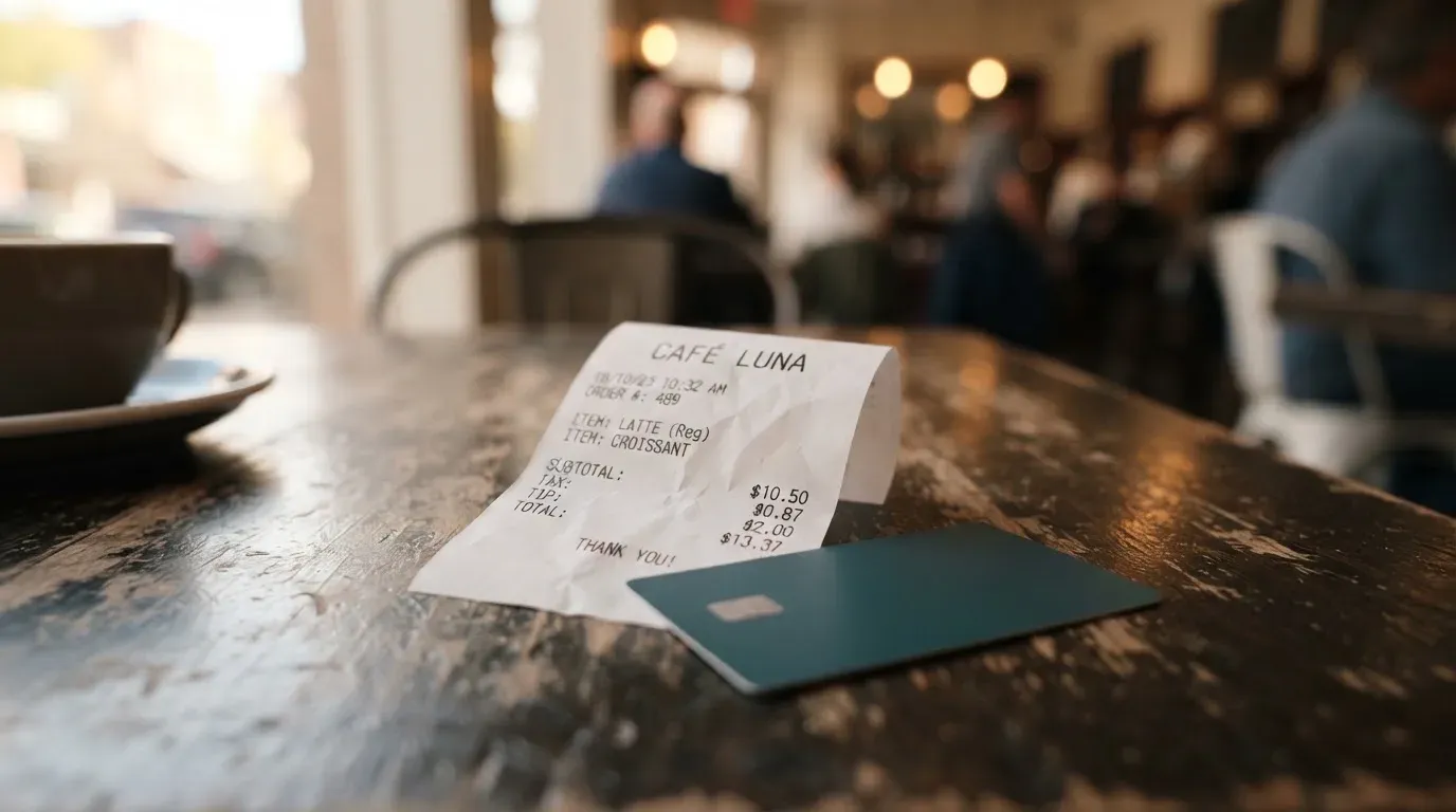A receipt and a card on a café table