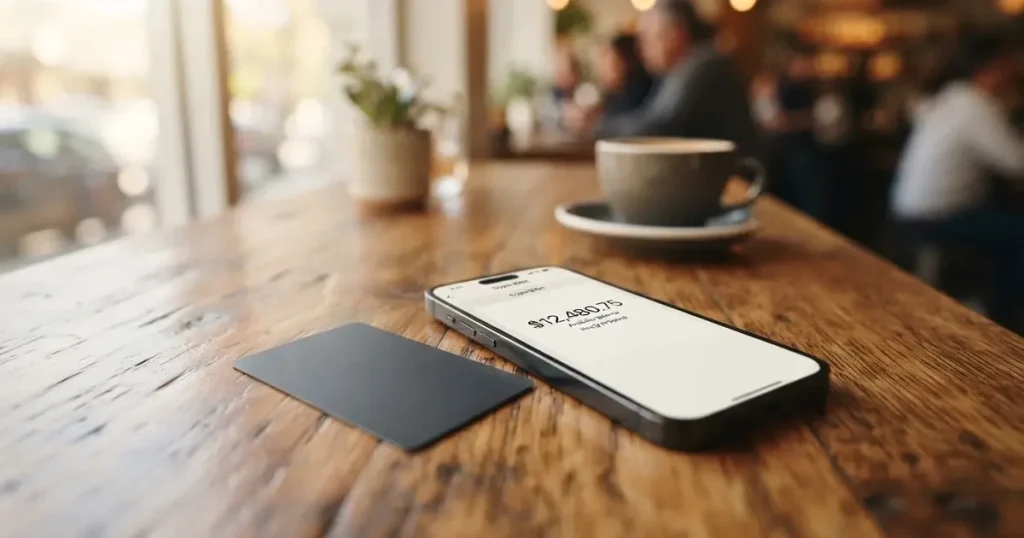 A payment card next to a phone with a crypto wallet app open