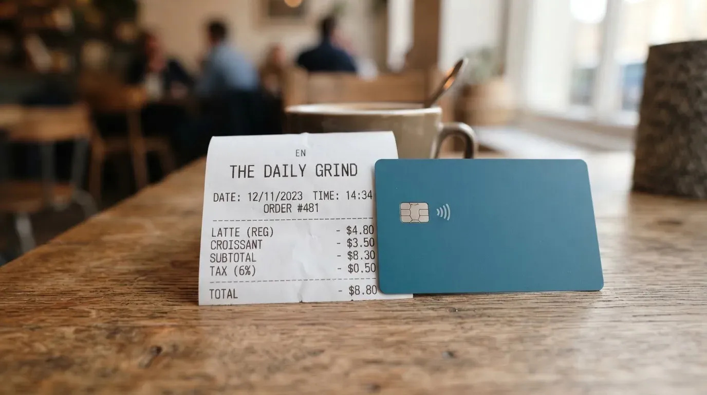 A receipt and a card on a café table