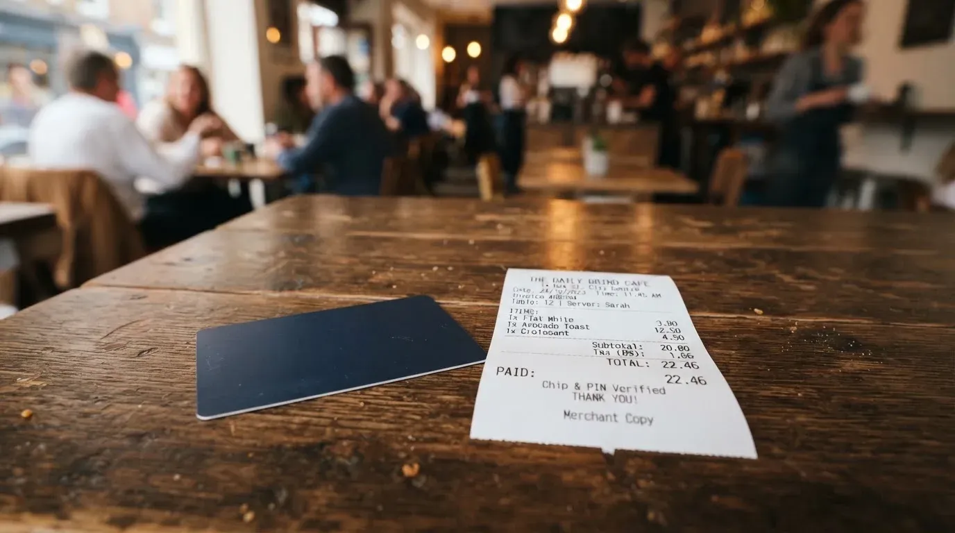 A receipt and a card on a café table