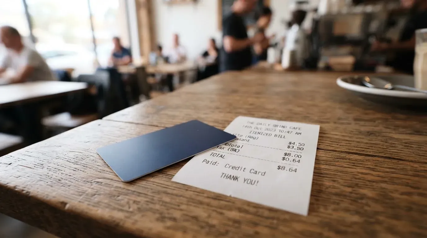 A receipt and a card on a café table