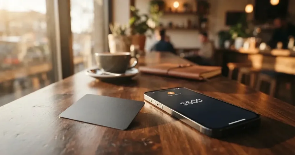 A payment card next to a phone with a crypto wallet app open