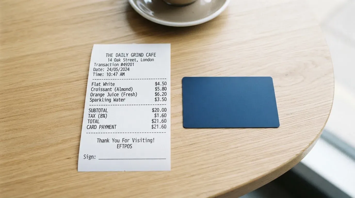 A receipt and a card on a café table