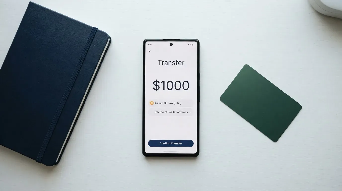 A phone showing a stablecoin transfer screen