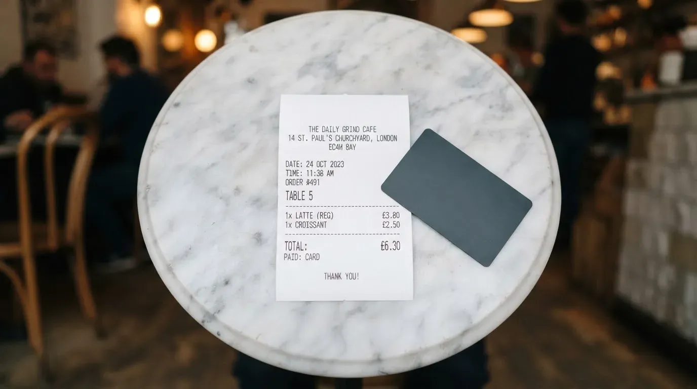 A receipt and a card on a café table