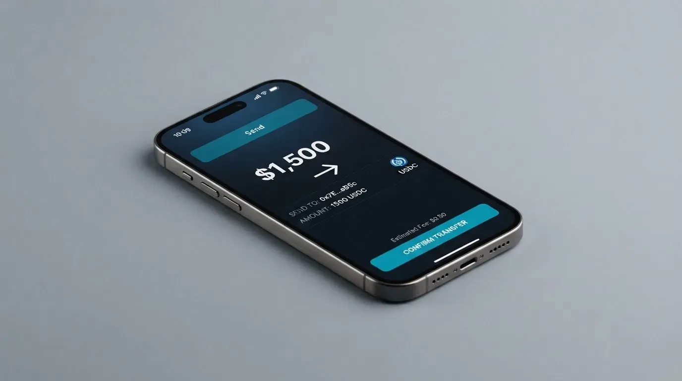A phone showing a stablecoin transfer screen