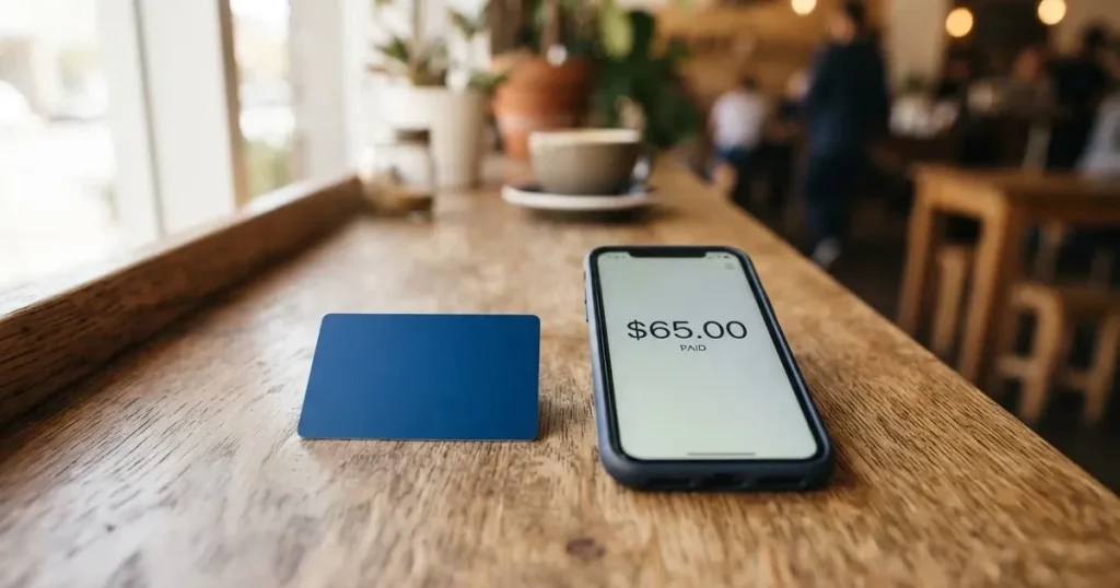 A payment card next to a phone with a crypto wallet app open