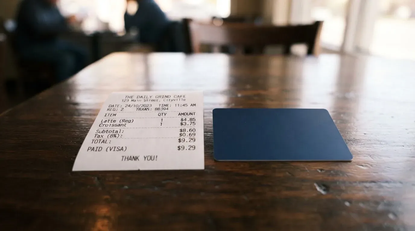 A receipt and a card on a café table