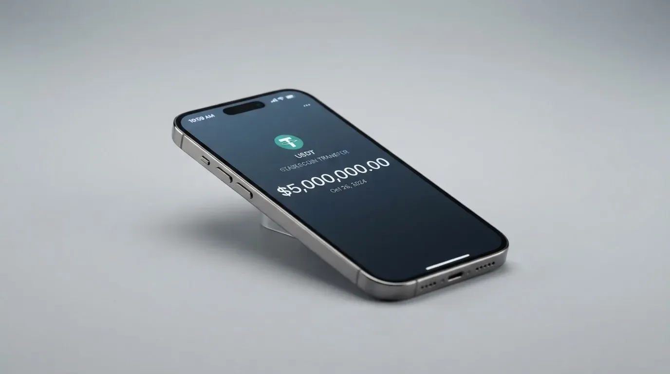 A phone showing a stablecoin transfer screen
