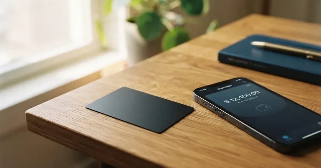 A payment card next to a phone with a crypto wallet app open
