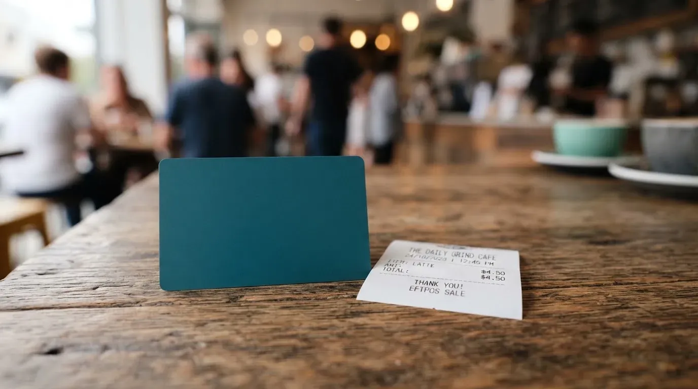 A receipt and a card on a café table