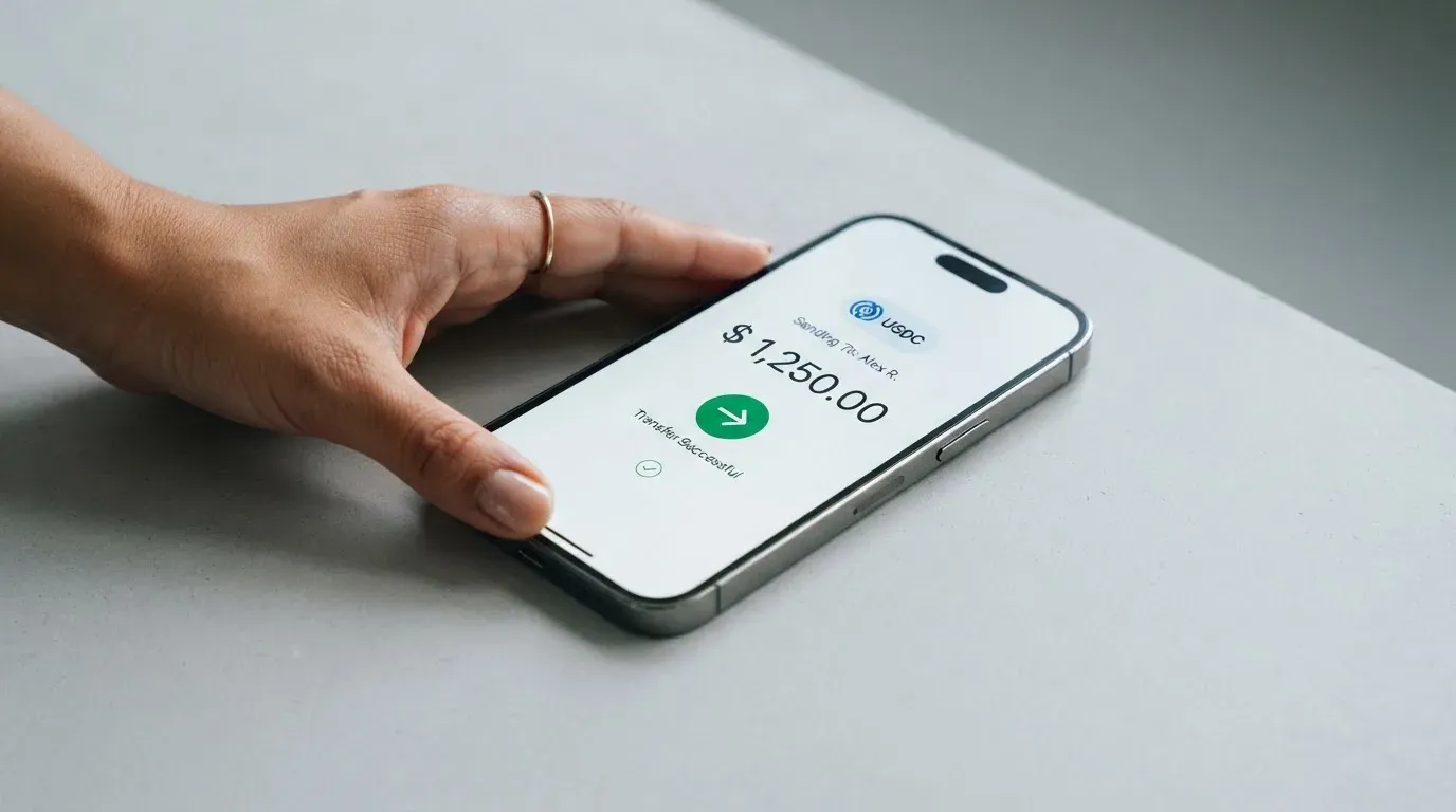 A phone showing a stablecoin transfer screen