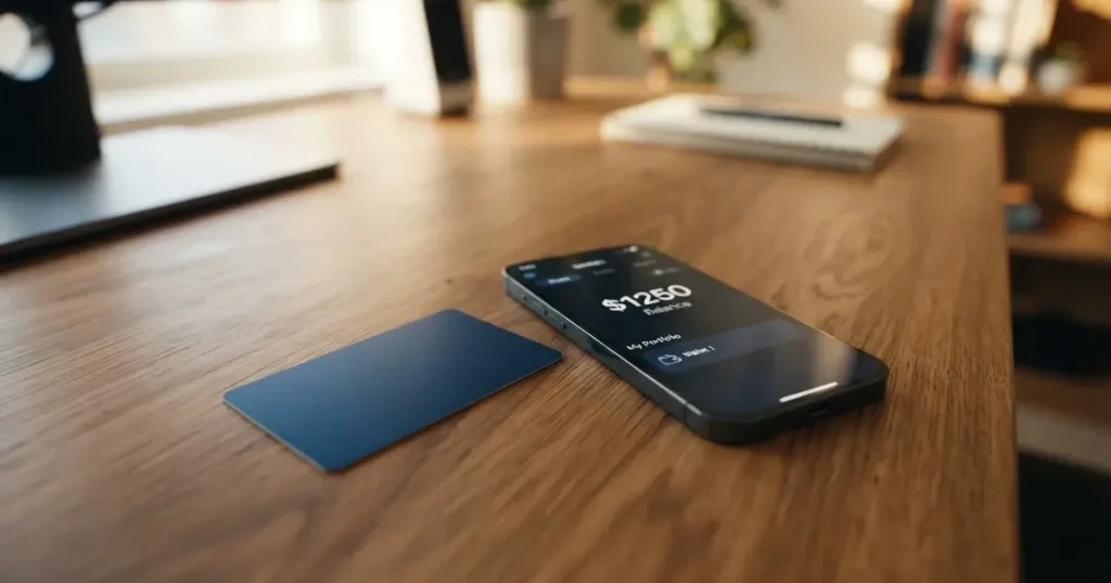 A payment card next to a phone with a crypto wallet app open