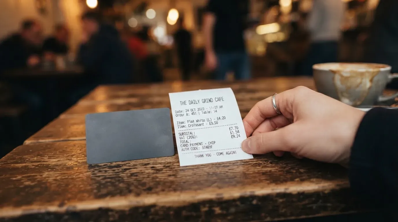 A receipt and a card on a café table