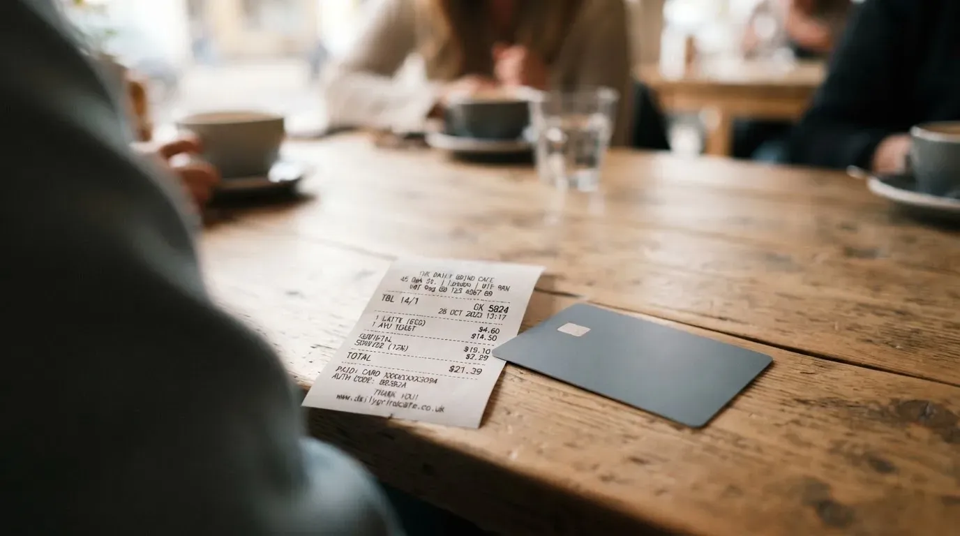 A receipt and a card on a café table