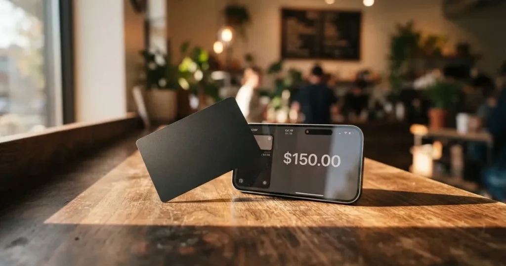 A payment card next to a phone with a crypto wallet app open