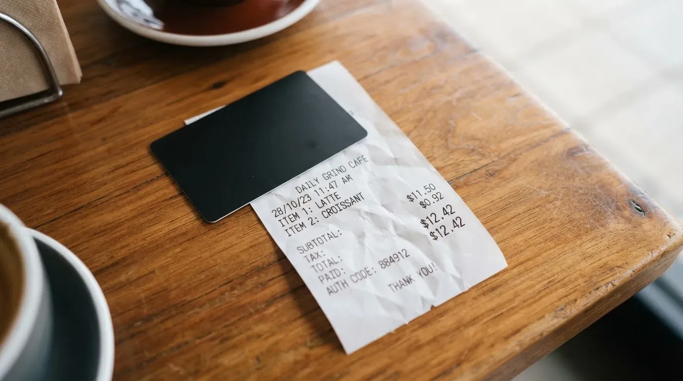 A receipt and a card on a café table