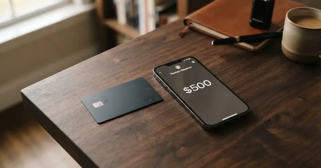 A payment card next to a phone with a crypto wallet app open