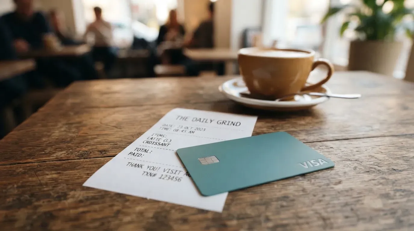 A receipt and a card on a café table