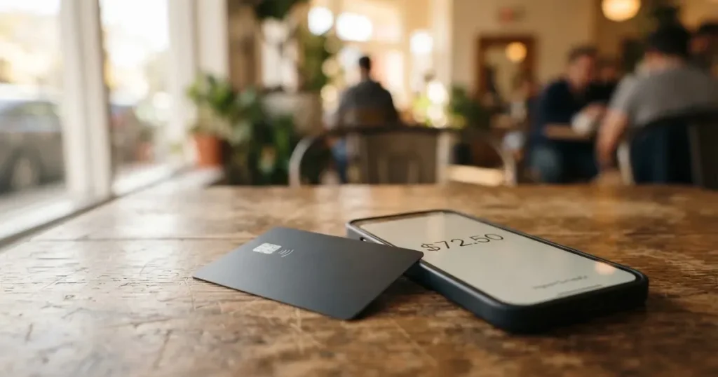 A payment card next to a phone with a crypto wallet app open
