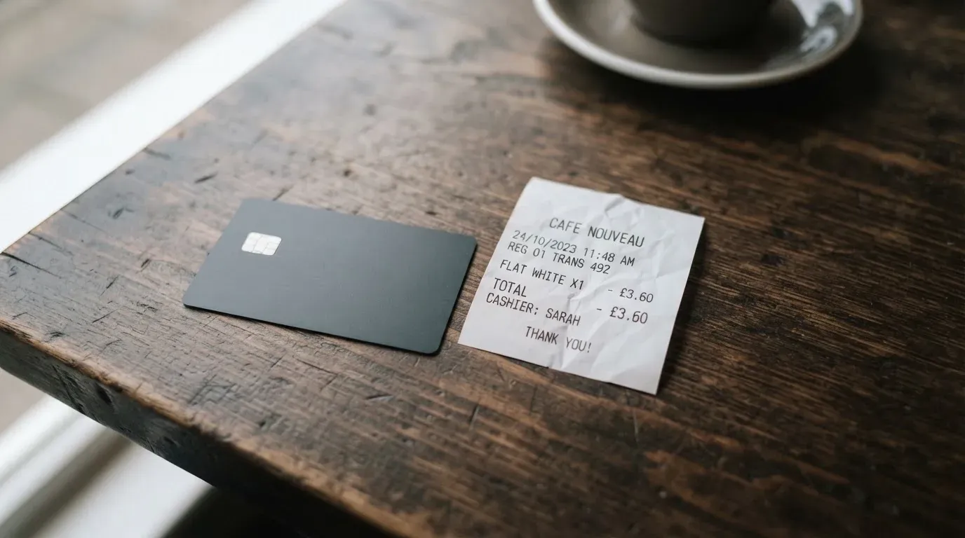 A receipt and a card on a café table