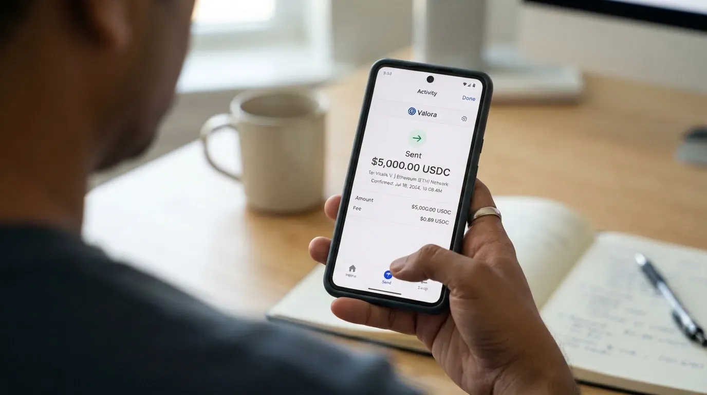 A phone showing a stablecoin transfer screen
