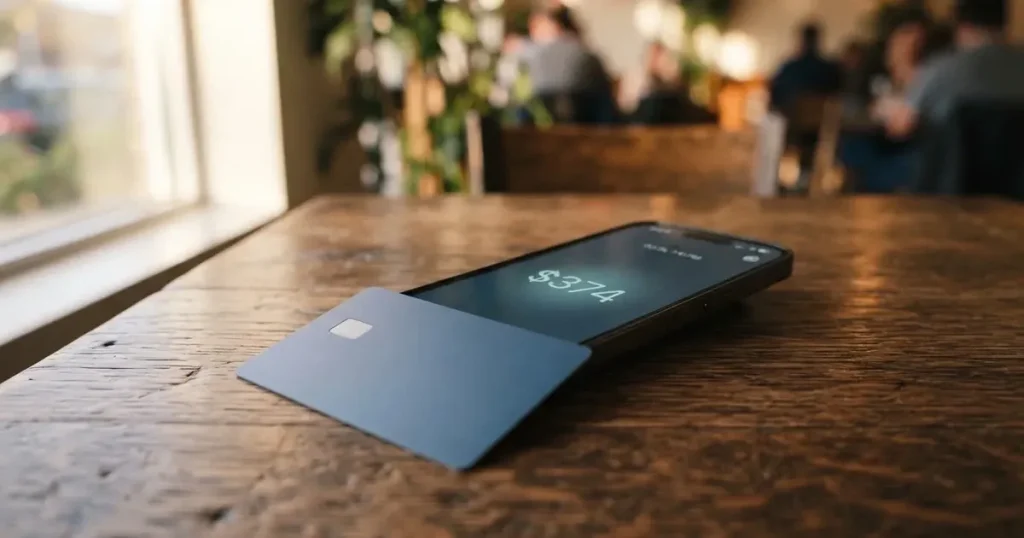 A payment card next to a phone with a crypto wallet app open