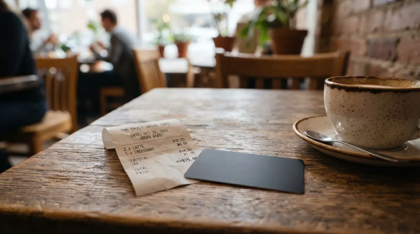 A receipt and a card on a café table