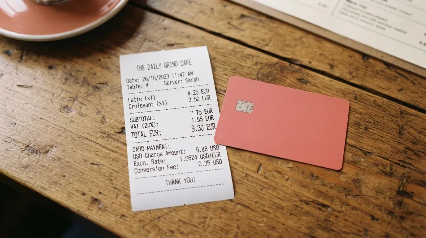 A receipt and a card on a café table