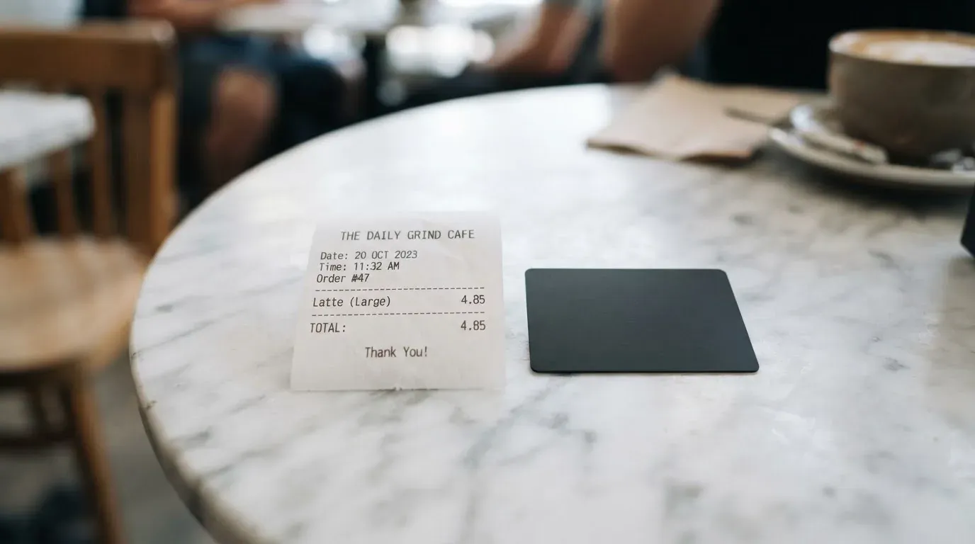 A receipt and a card on a café table
