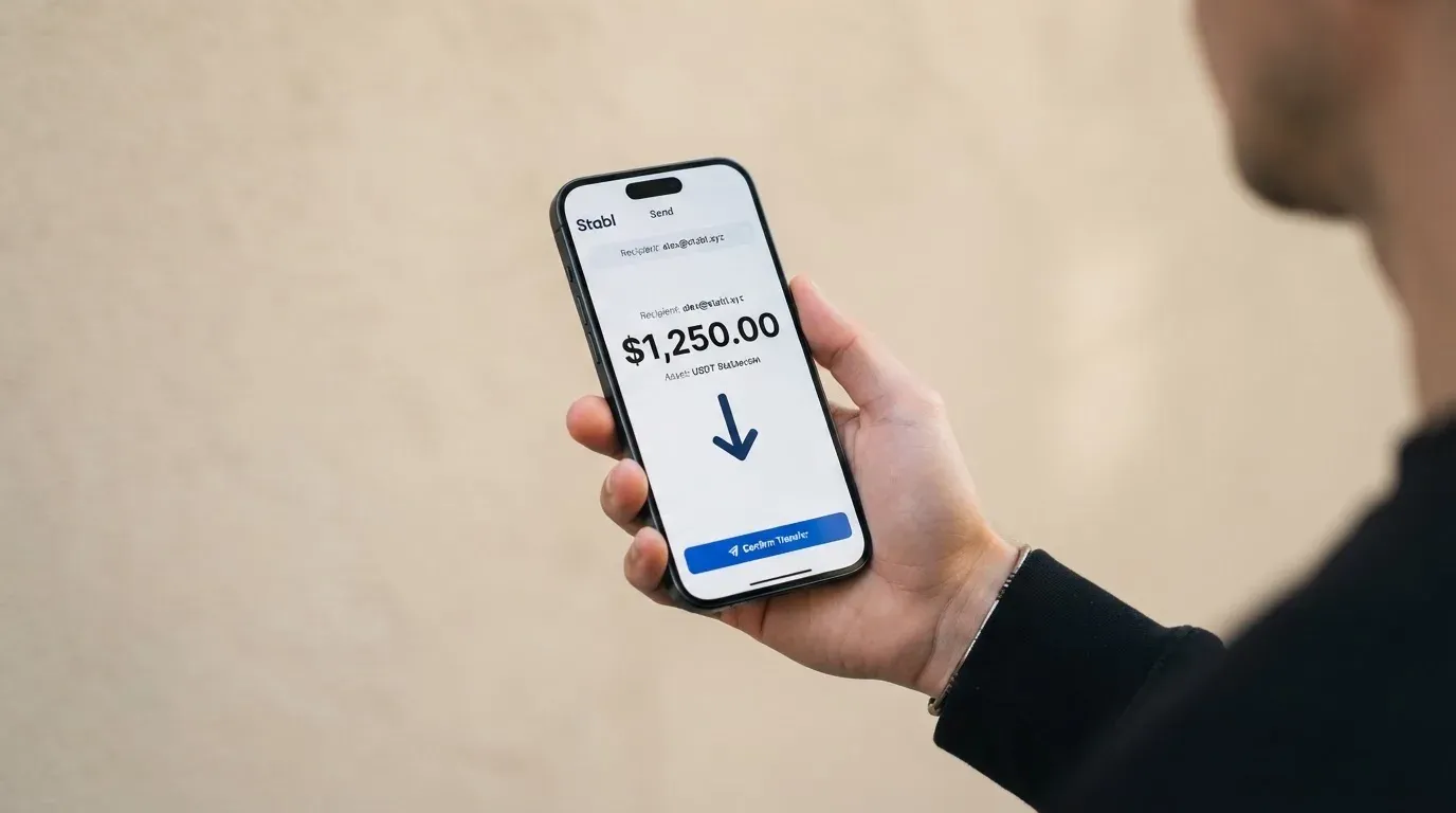 A phone showing a stablecoin transfer screen