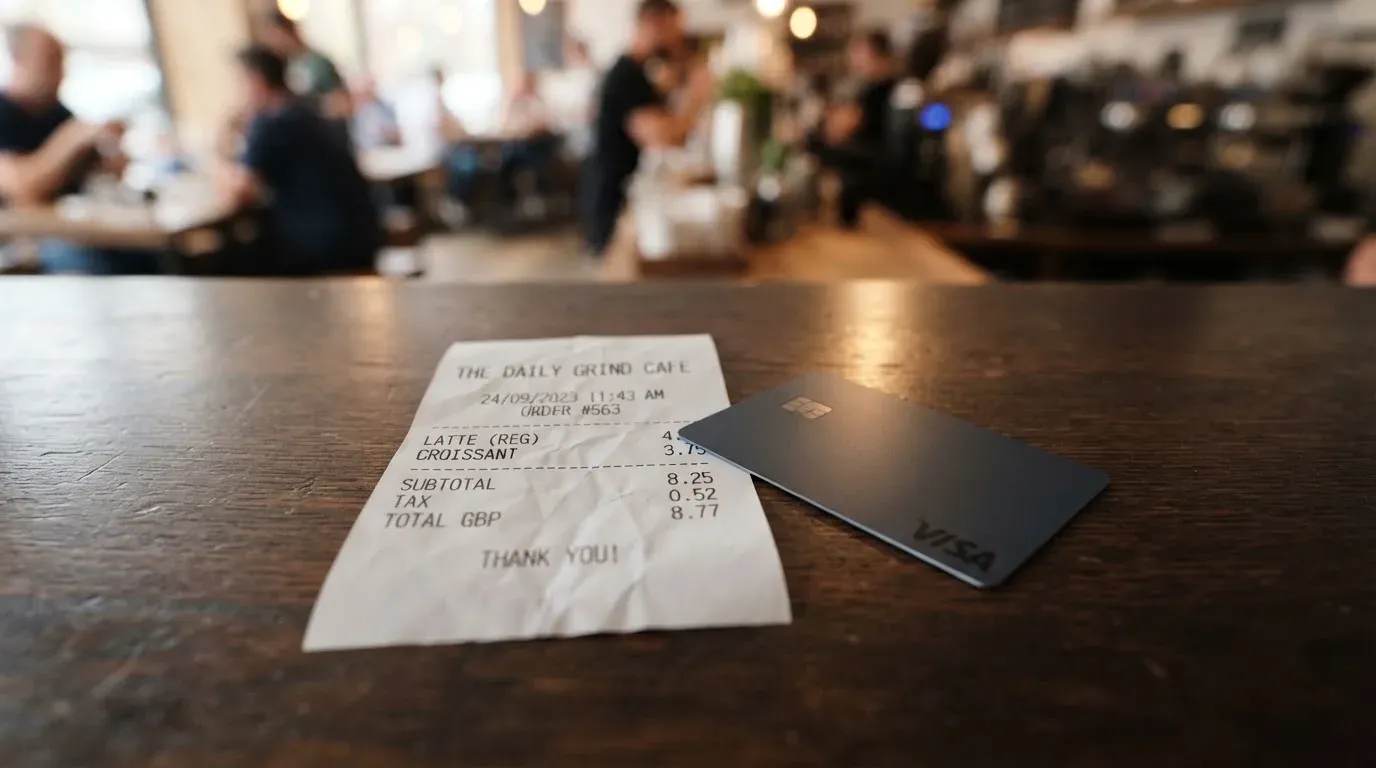 A receipt and a card on a café table