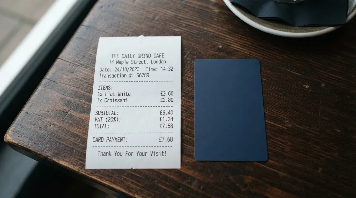 A receipt and a card on a café table