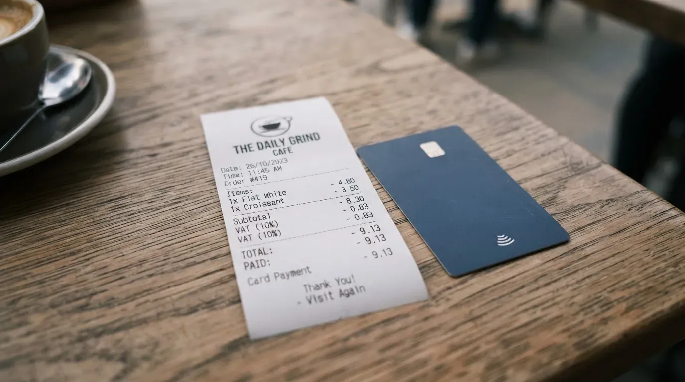 A receipt and a card on a café table