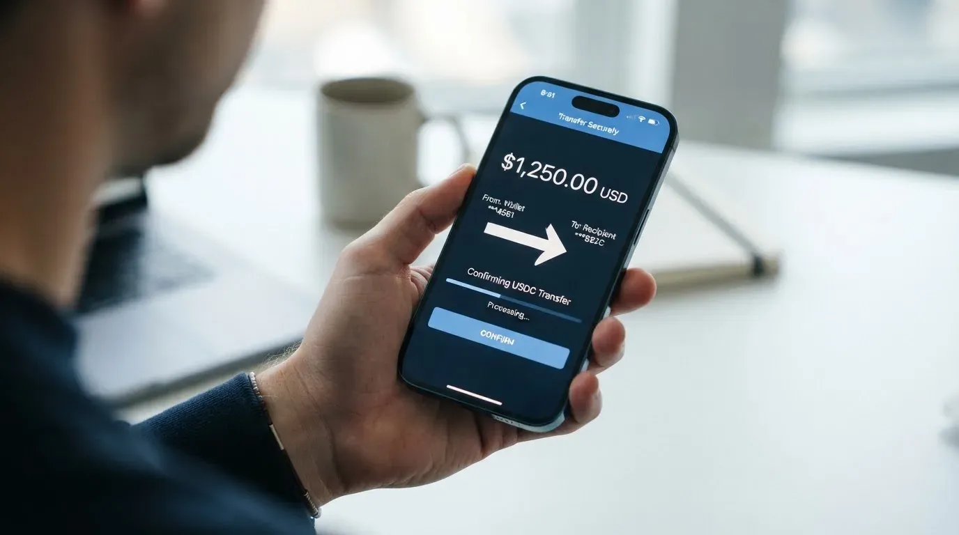 A phone showing a stablecoin transfer screen