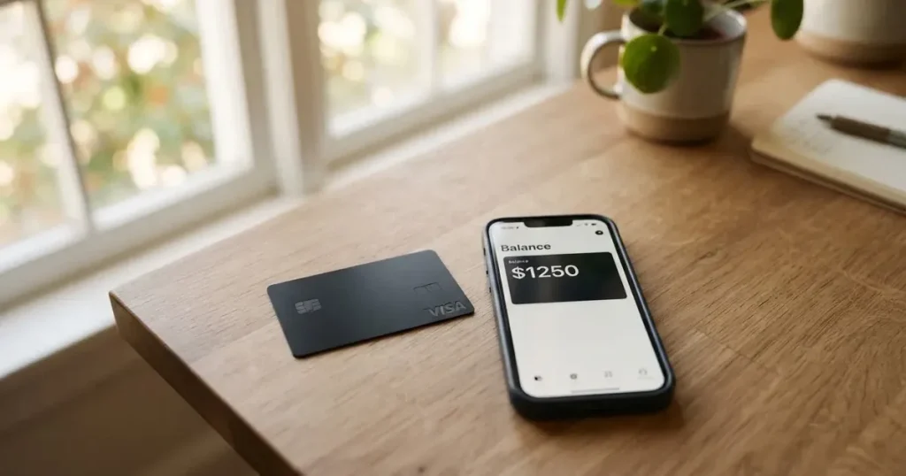 A payment card next to a phone with a crypto wallet app open