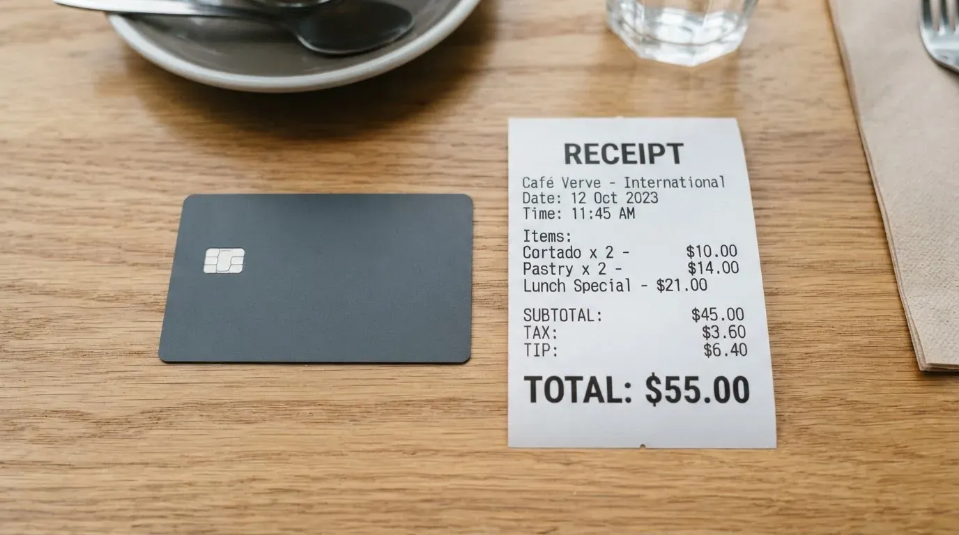 A receipt and a card on a café table