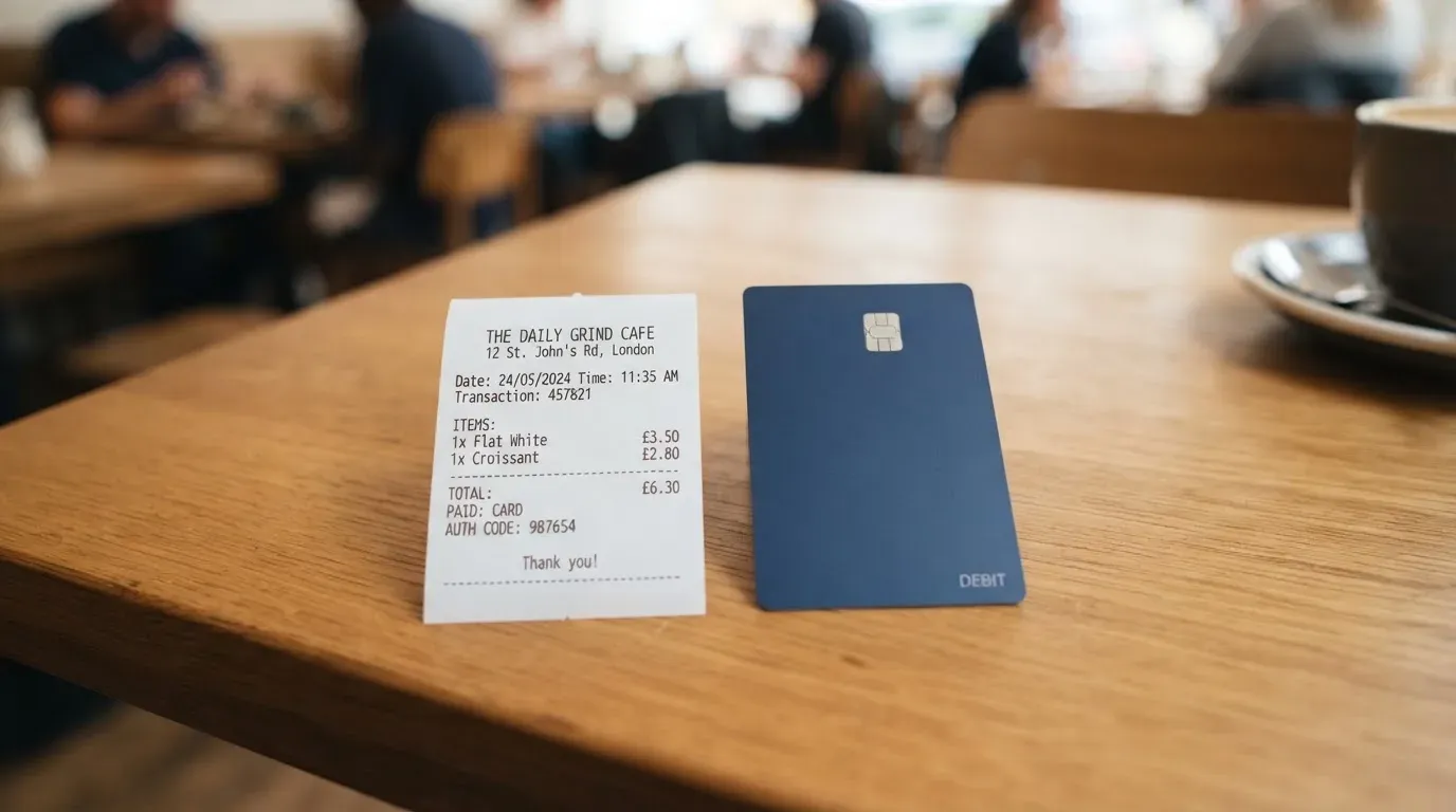 A receipt and a card on a café table