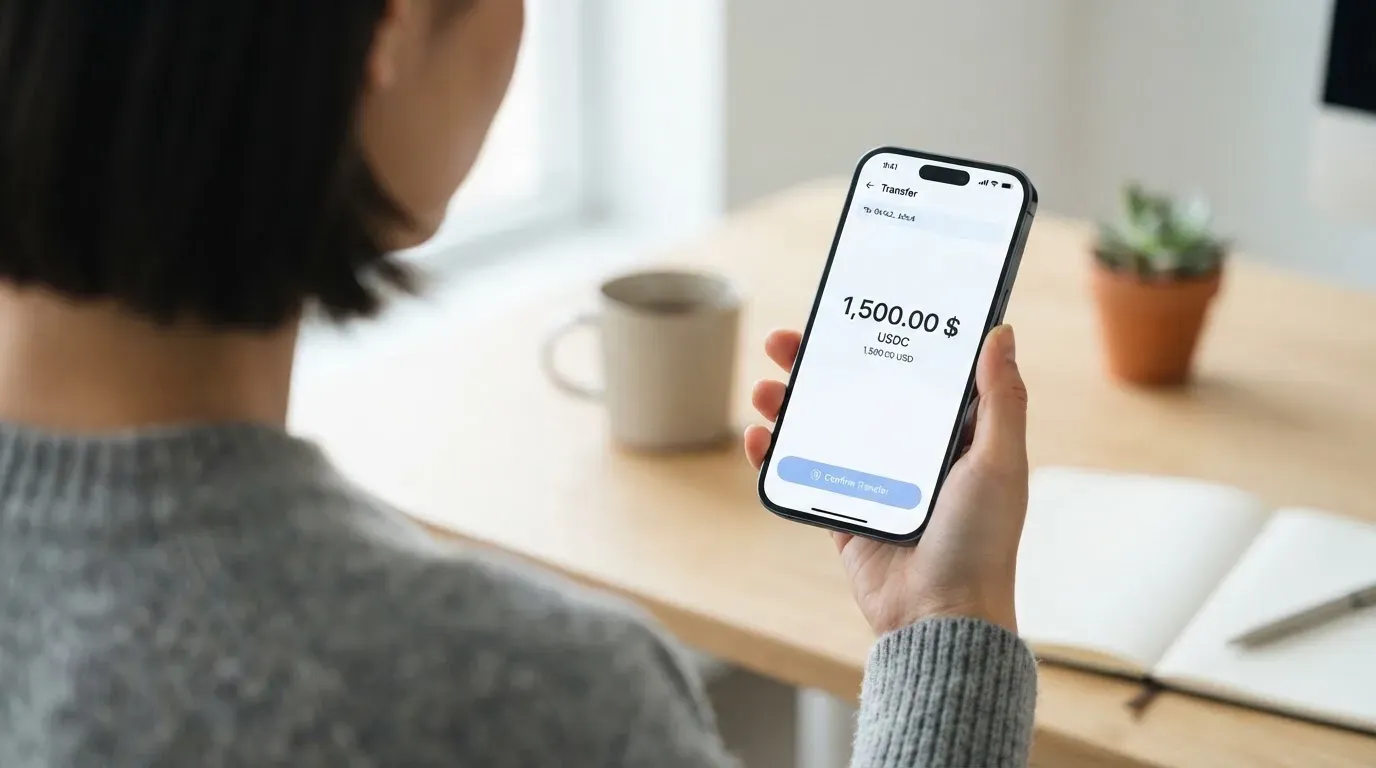 A phone showing a stablecoin transfer screen