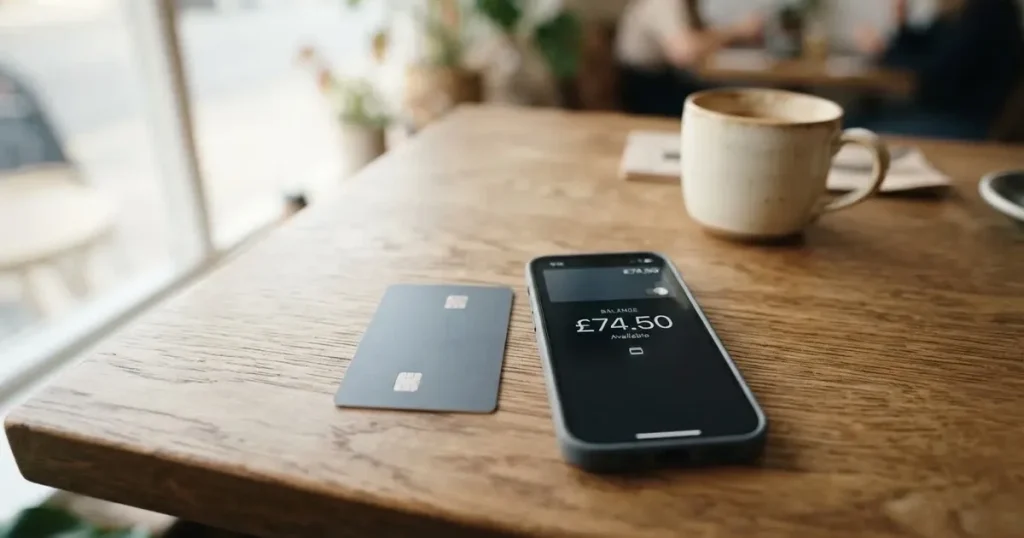 A payment card next to a phone with a crypto wallet app open