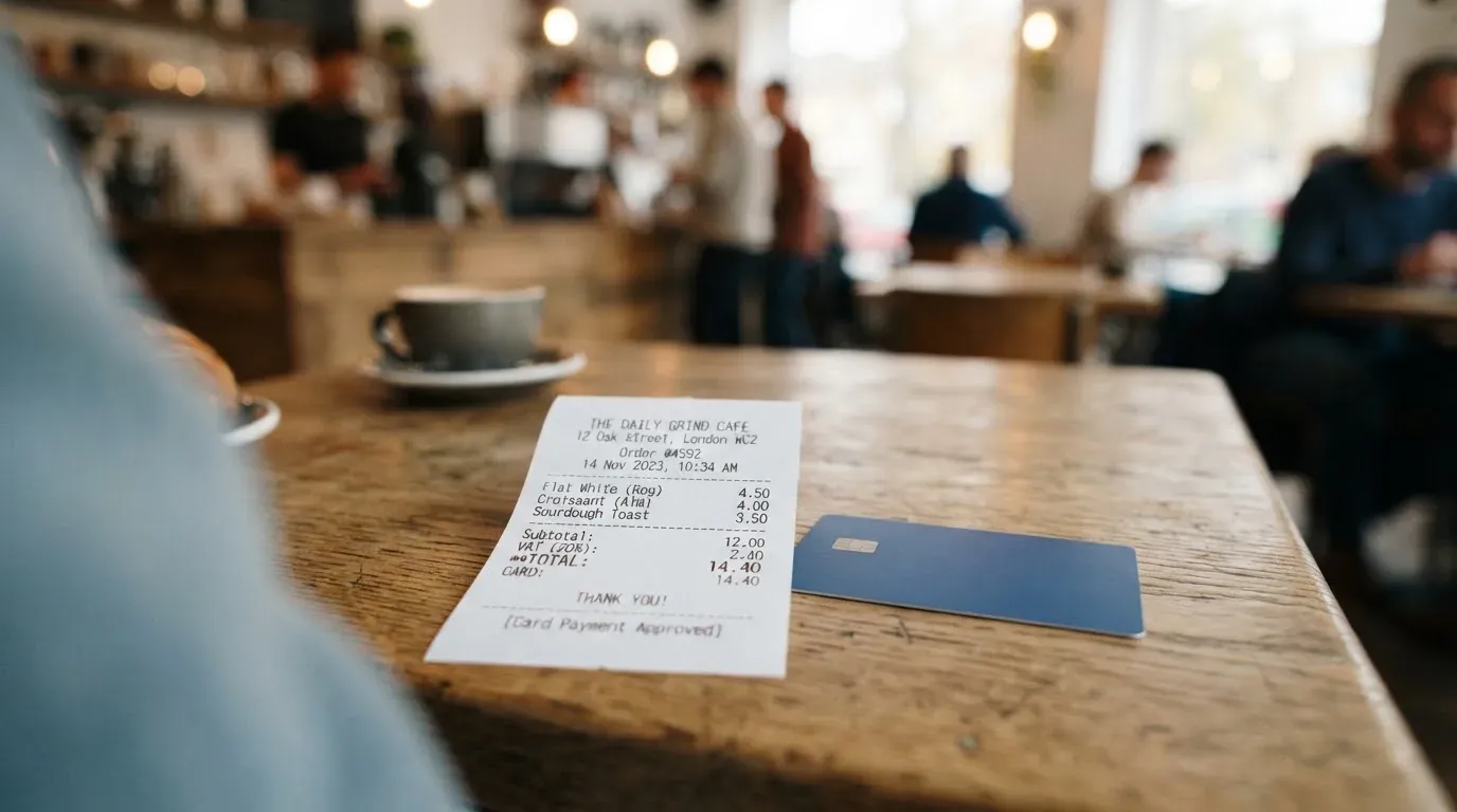 A receipt and a card on a café table