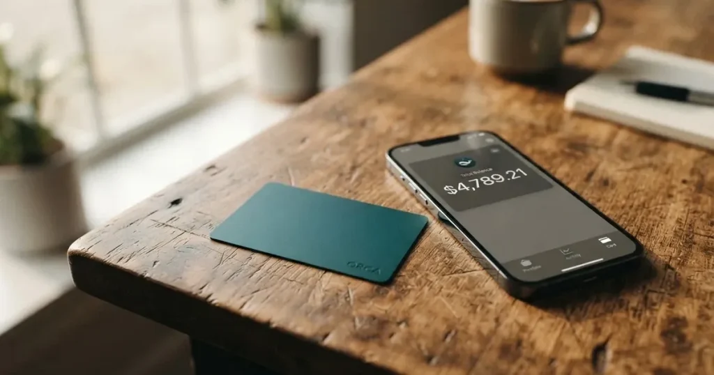 A payment card next to a phone with a crypto wallet app open