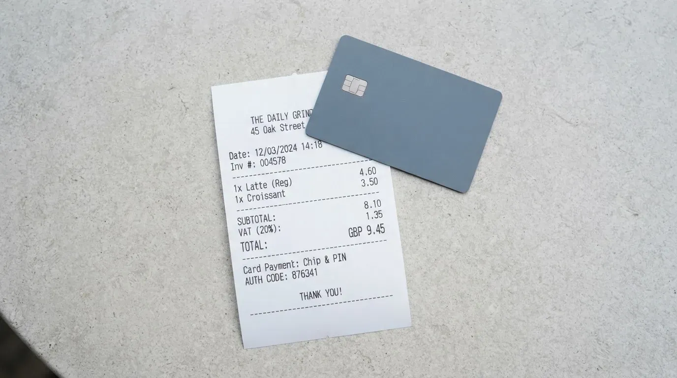 A receipt and a card on a café table