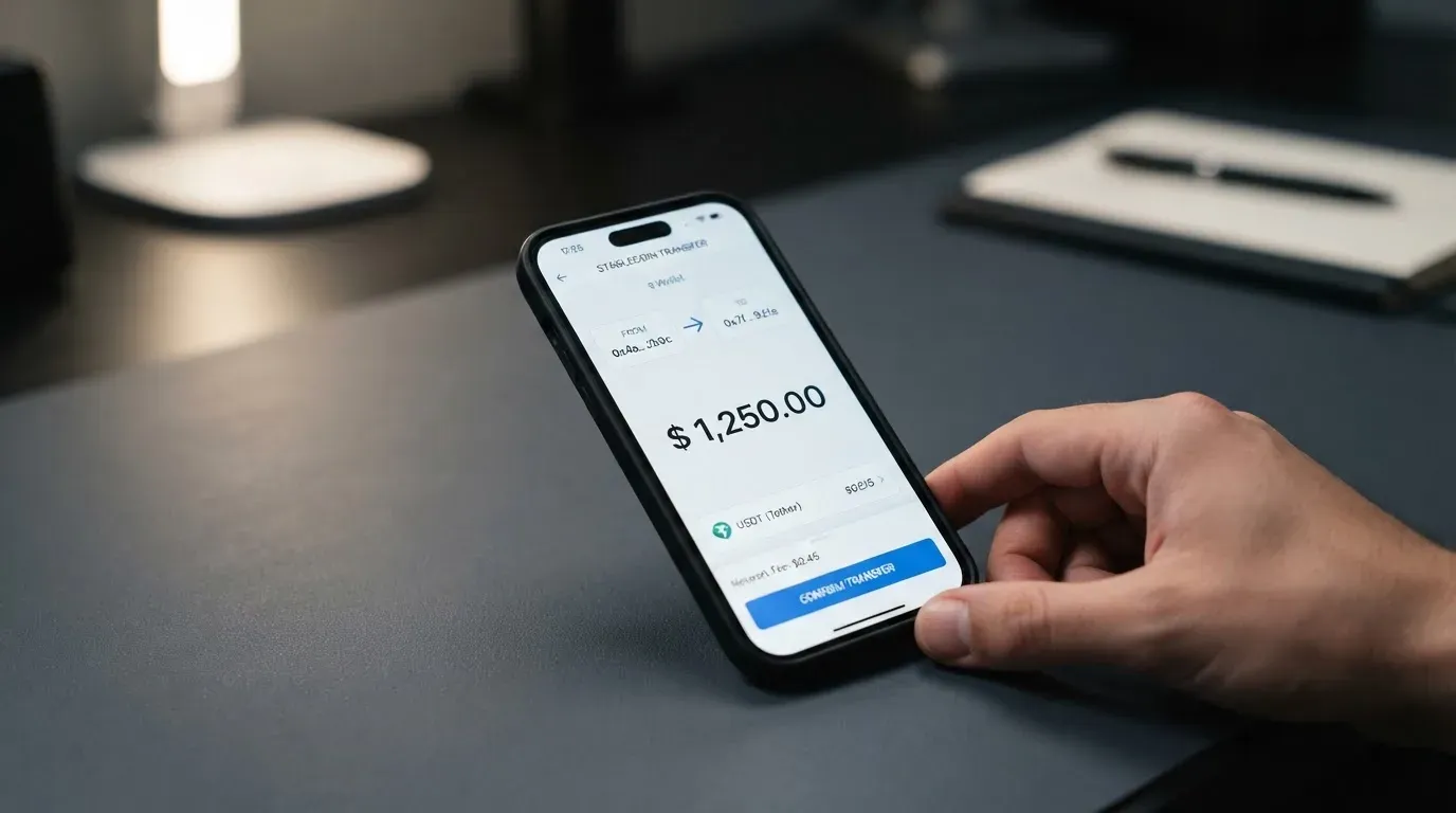 A phone showing a stablecoin transfer screen