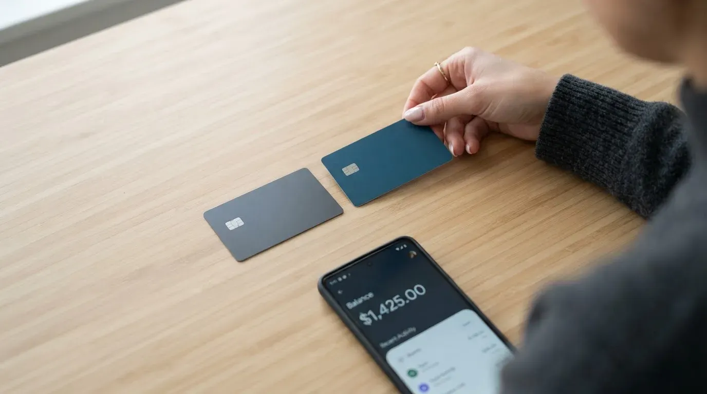 A person comparing two payment cards at a desk with a laptop