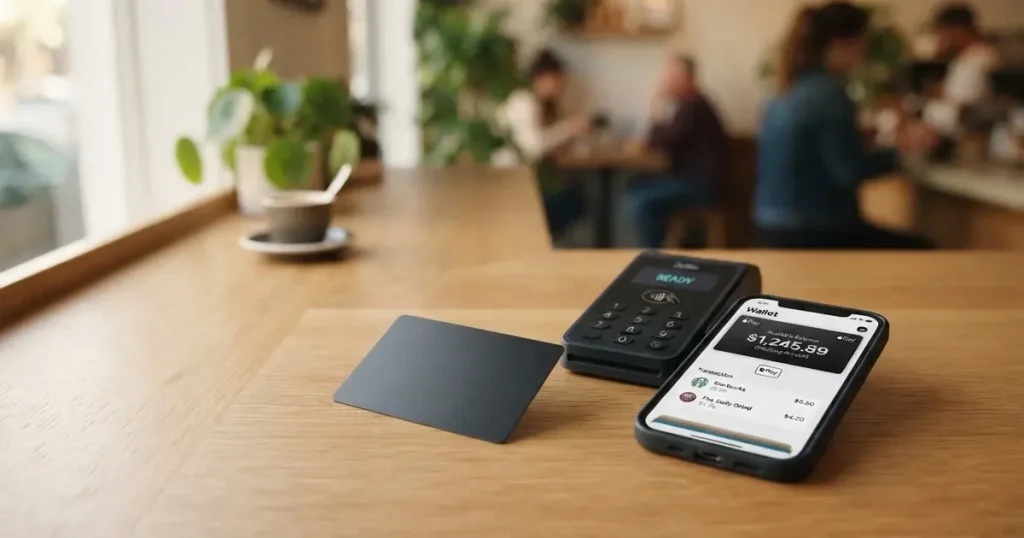 Several payment cards fanned out next to a phone with a crypto wallet app