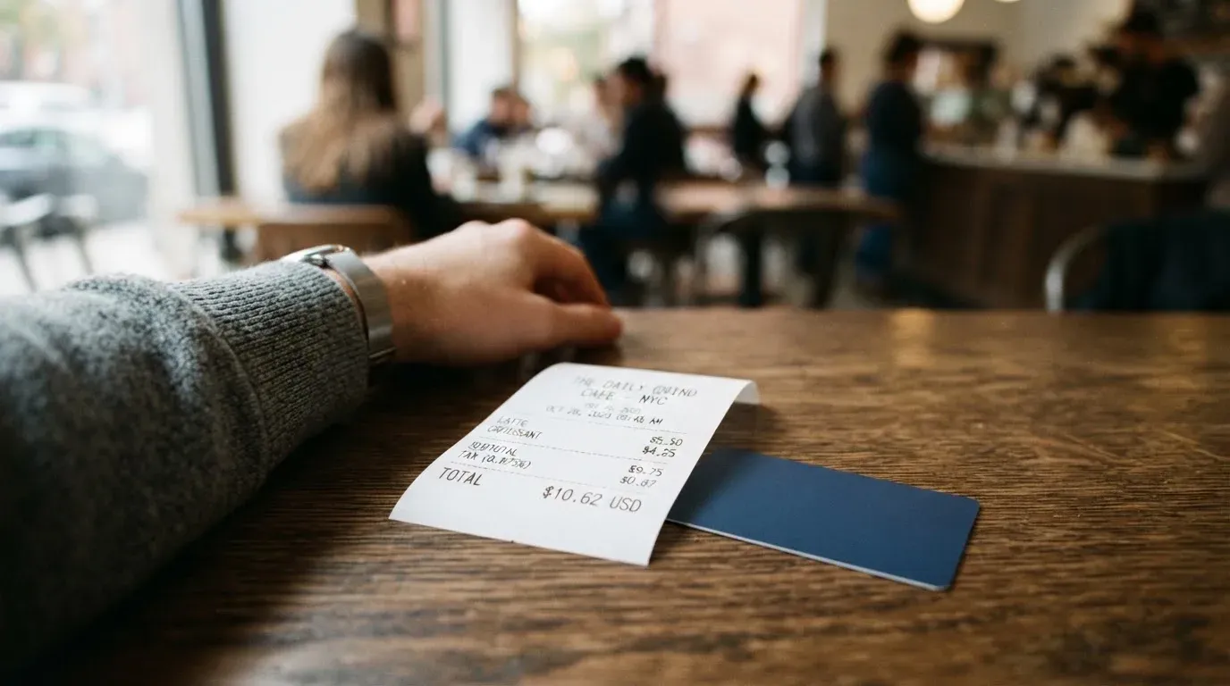 A receipt and a card on a café table
